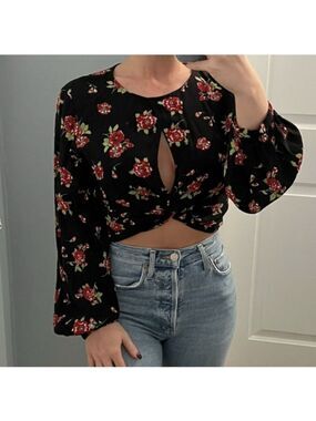 Zara black red flower floral print front twist peep hole long sleeve blouse top